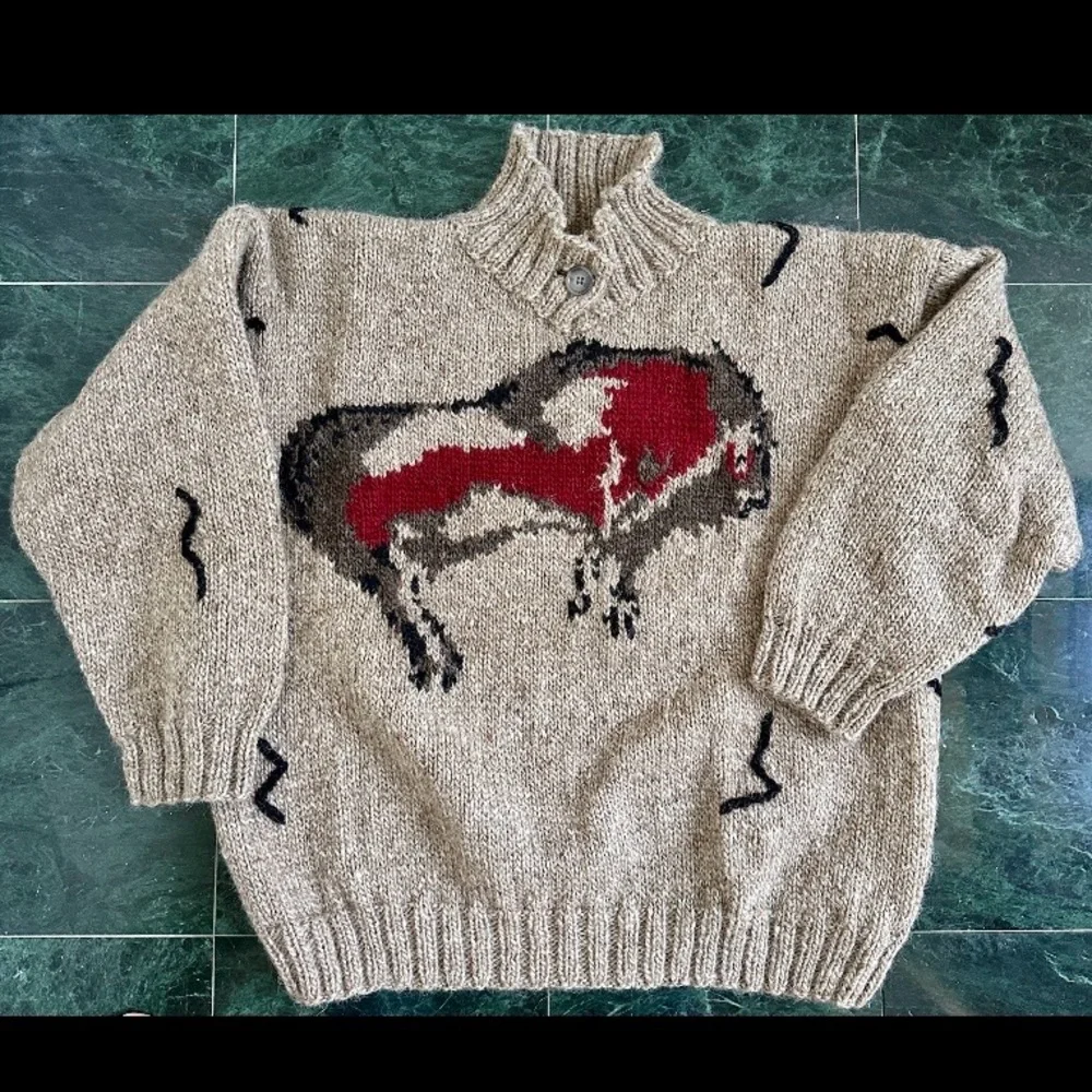 VINTAGE 1990s HANDKNIT ICELANDIC WOOL MENS SWEATER PREHISTORIC CAVE PAINTING XXL - Picture 8 of 8